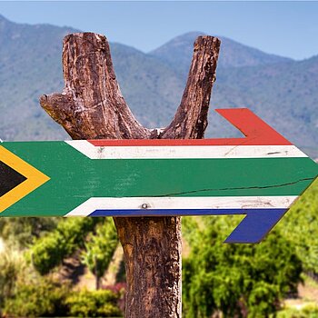 Südafrikanische Flagge aufgemalt auf Holzpfeil in Landschaft 