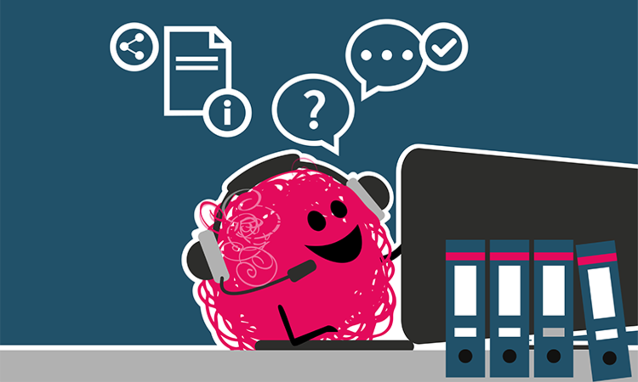 Das Moskottchen des Patentamtes "Brainy" (eine pinke, Kugel als Strichzeichnung) mit Headset vor einem Computer. Darüber sieht man Symbole für Information, Chat, teilen und Frage. Daneben stehen vier Büroordner. 