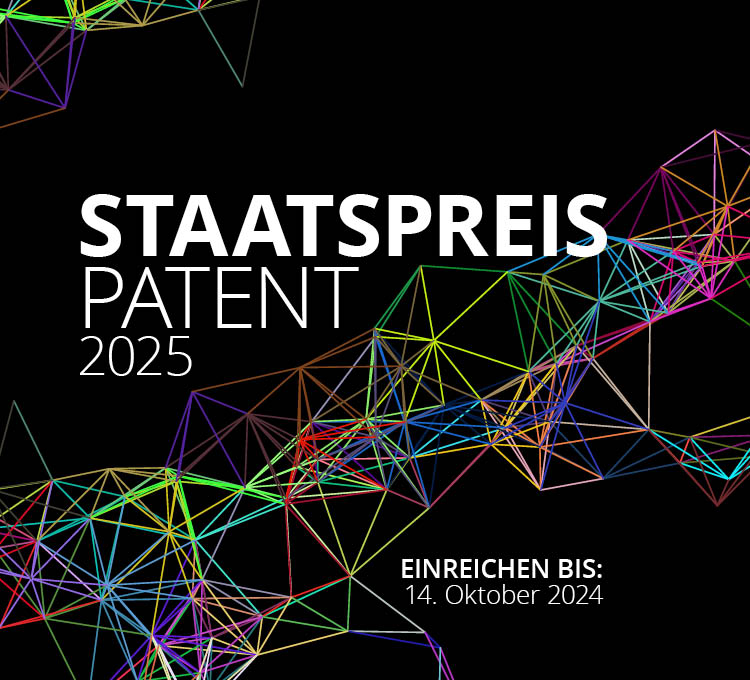 Keyvisual aus bunten Elemten mit der Aufschrift Staatspreis Patent, auf schwarzem Hintergrung.