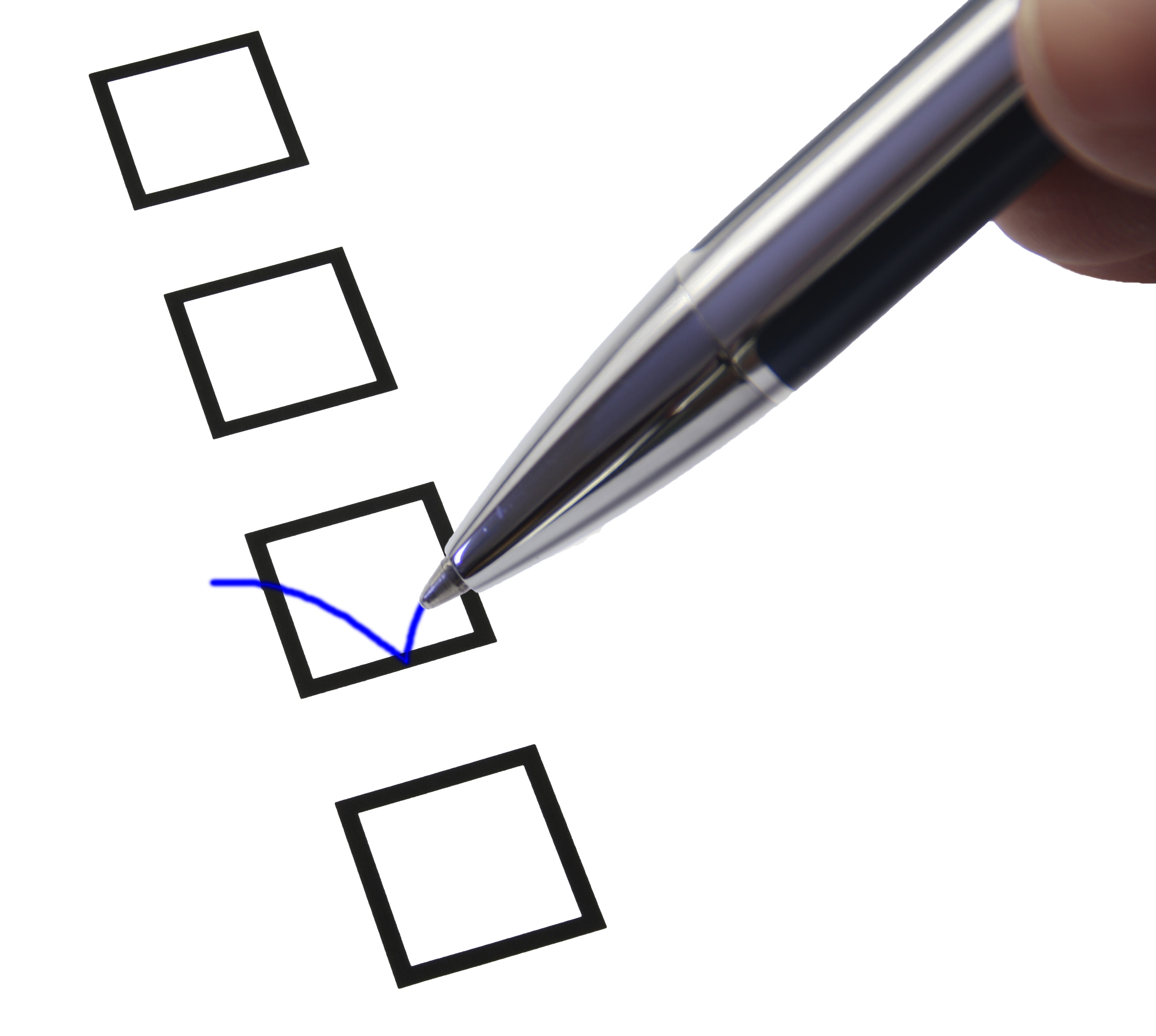 Ein Auswahlkästchen - wie auf einem Fragebogen - wird mit einem Kugelschreiber angehakt.