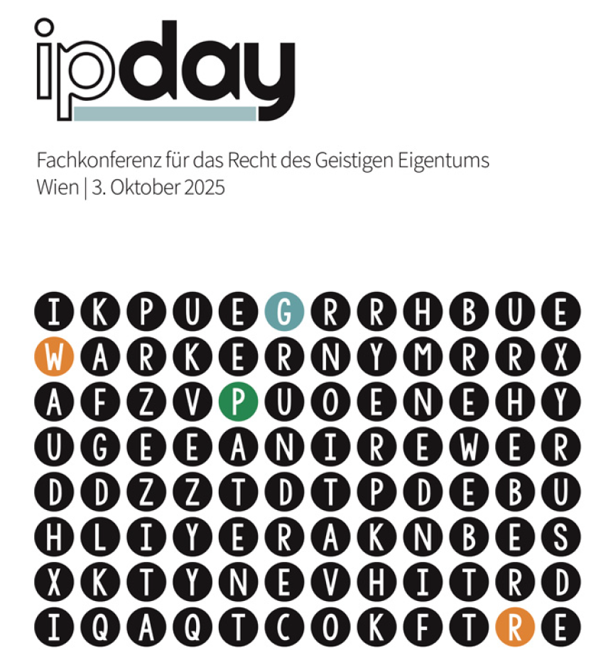 Schriftzug IP Day und darunter kleine schwarze Kreise wo einzeln Buchstaben abgebildet sind.