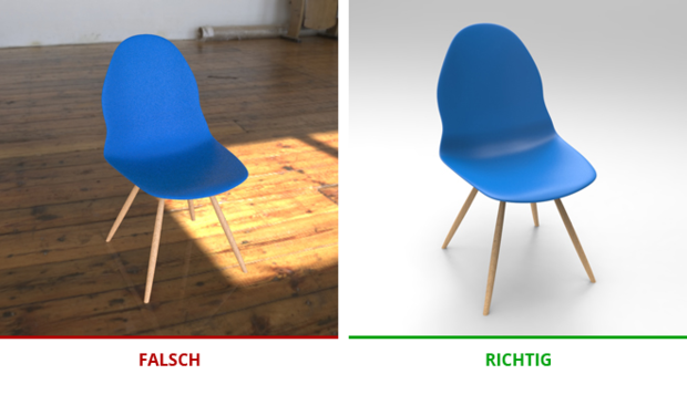Zwei Bilder von einem blauen Stuhl. Links mit einem Holzboden als Hintergrund, dieses ist als "Falsch" gekennzeichnet und rechts das gleich Bild mit weißem Hintergrund, dieses ist als "Richtig" gekennzeichnet.
