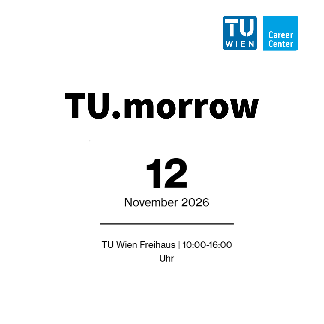 Ein weißer Hintergrund auf dem in der Ecke das TU Wien Logo zu sehen ist und in schwarzer Schrift drauf steht "TU.morrow" darunter "12. November 2026 im Freihaus der TU Wien".