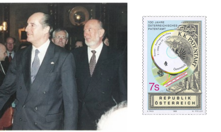 Links: Bundespräsident Thomas Klestil bei der 100-Jahre-Feier; rechts: Briefmarke zum Jubiläum