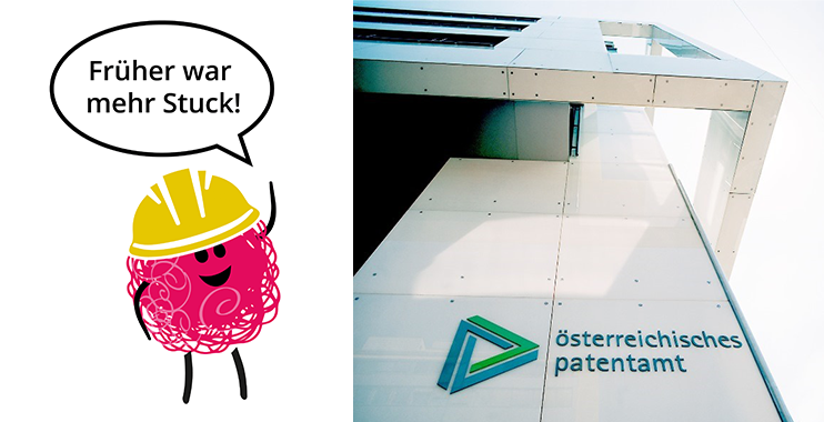 Das aktuelle Gebäude des Patentamts im 20. Bezirk neben einer Illustration des Patentamt-Maskottchens Brainy, das sagt: "Früher war mehr Stuck!"