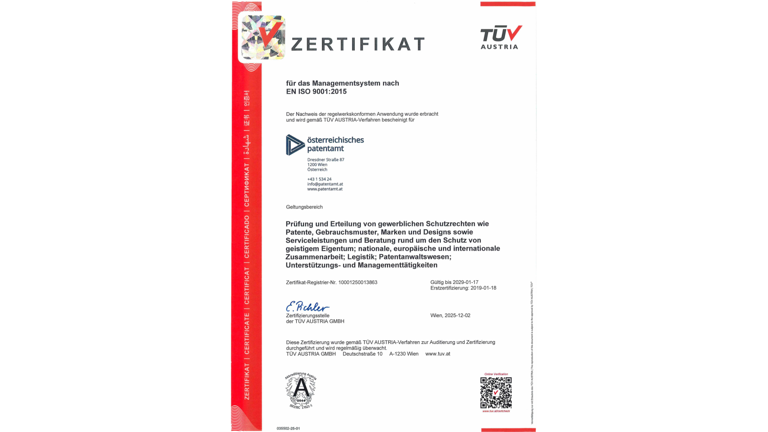 Bild des Zertifikats für ISO 9001