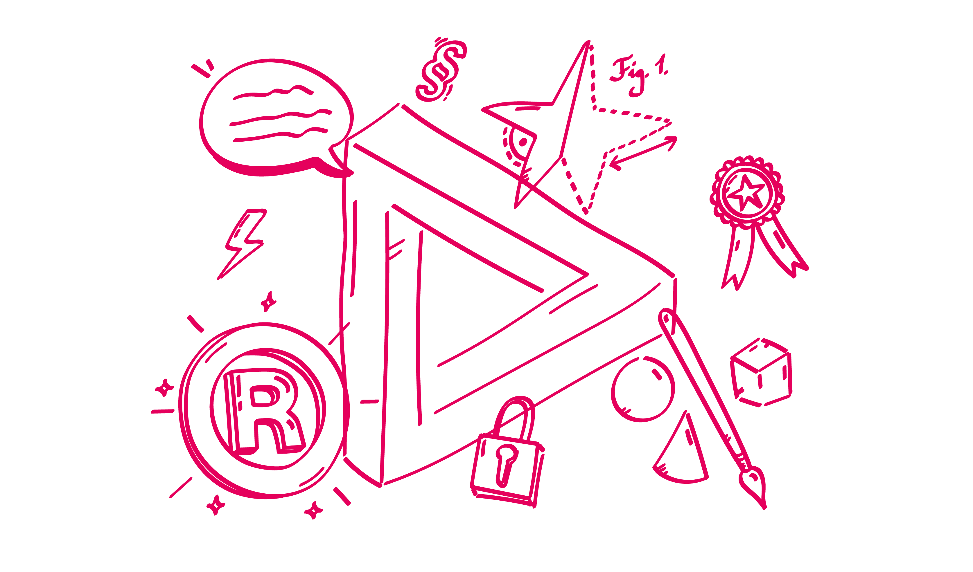 Logo des Österreichischen Patentamts in der Mitte, umgeben von Sprechblase, R in einem Kreis, Pinsel mit Formen, technische Zeichnung eines Sterns, Vorhängeschloss und Zertifikat