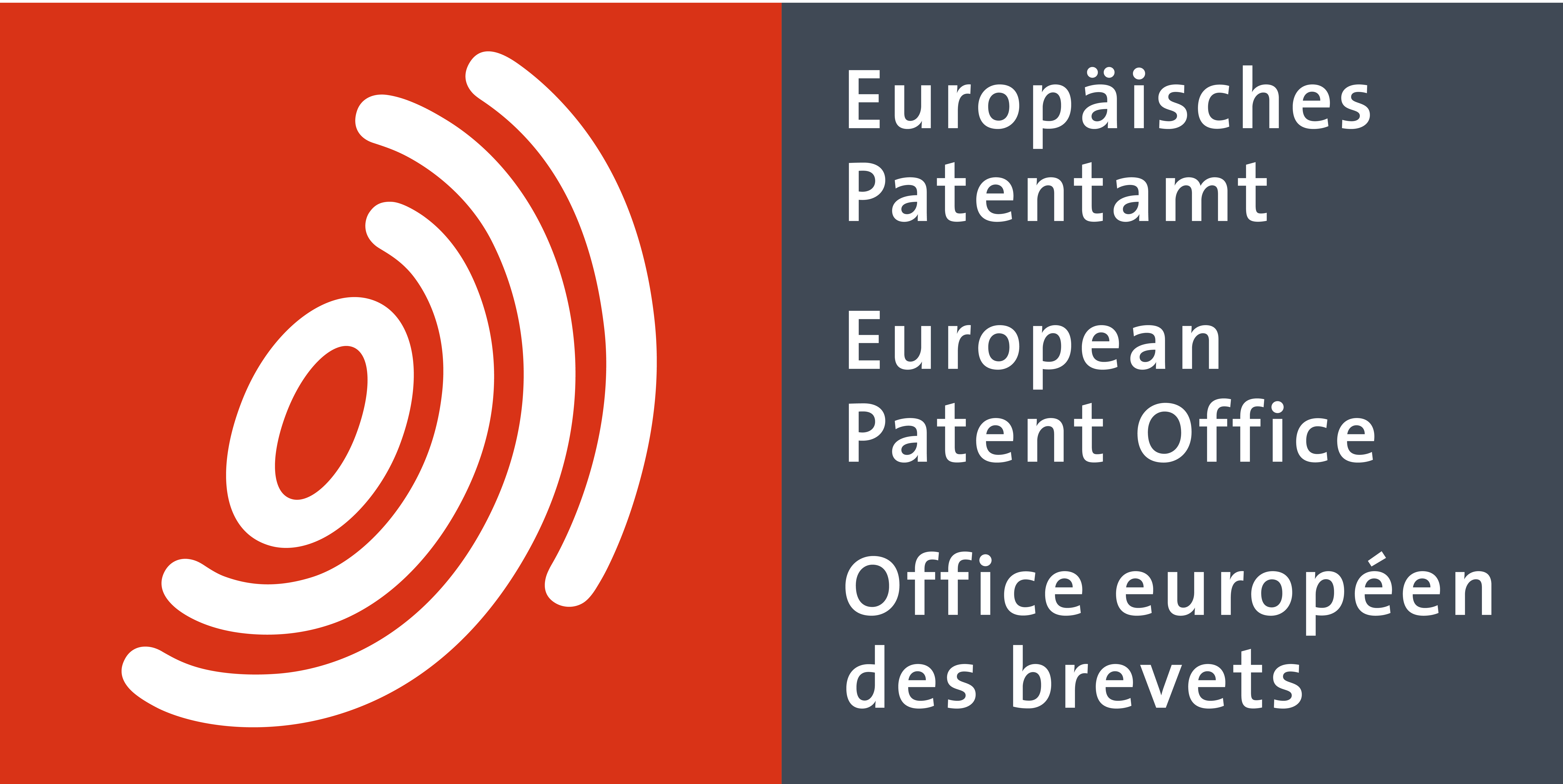 Logo des Europäischen Patentamtes: Name des Amtes auf Deutsch, Französisch und Englisch mit stilisiertem Finderabdruck