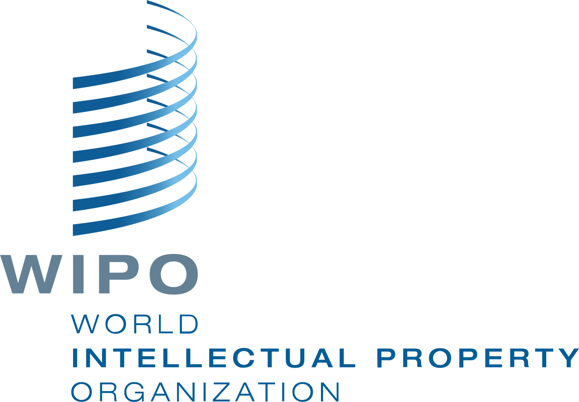 Logo der WIPO, Text WIPO World Intellectual Property Organization mit blauen Bögen 