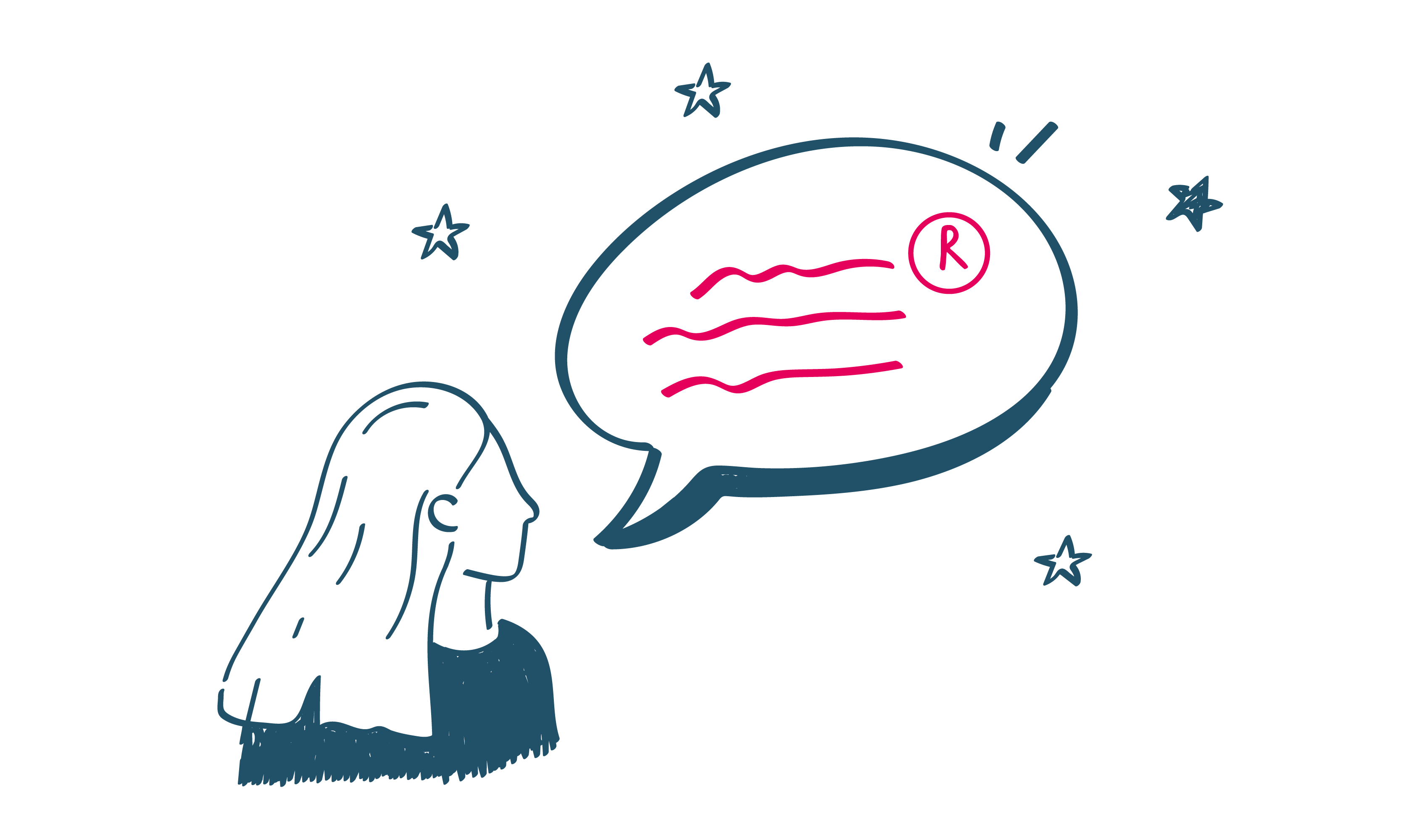 Strichzeichnung einer Person mit langen Haaren, die in eine Sprechblase mit drei Wellenlinien und einem ®-Symbol schaut, umgeben von fünf Sternen.
