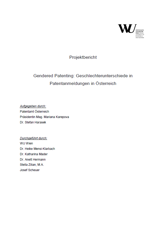Cover der Studie "Gendered Patenting: Geschlecherunterschiede in Patentanmeldungen in Österreich"