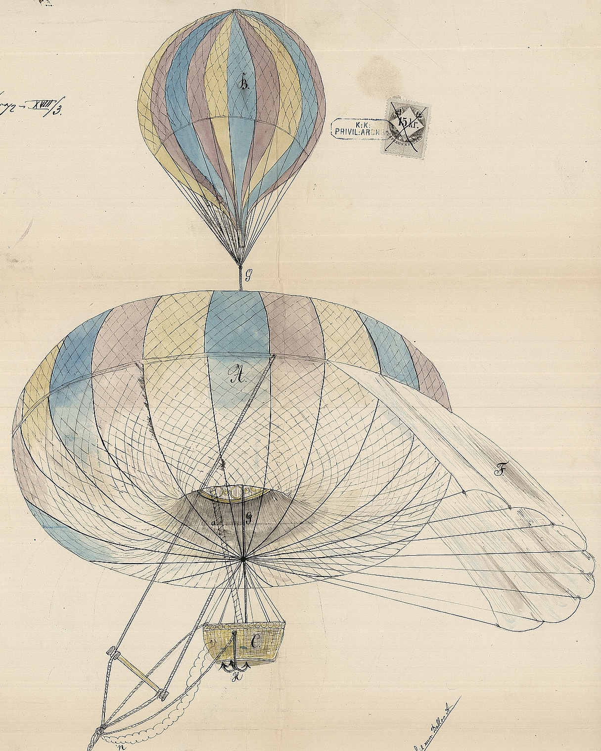 Zeichnung eines Heißluftballons aus einem historischen Patent von Mayrhofer