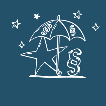 Handgezeichneter Regenschirm, darunter ein Stern und ein Paragrafen Zeichen auf blauem Hintergrund.