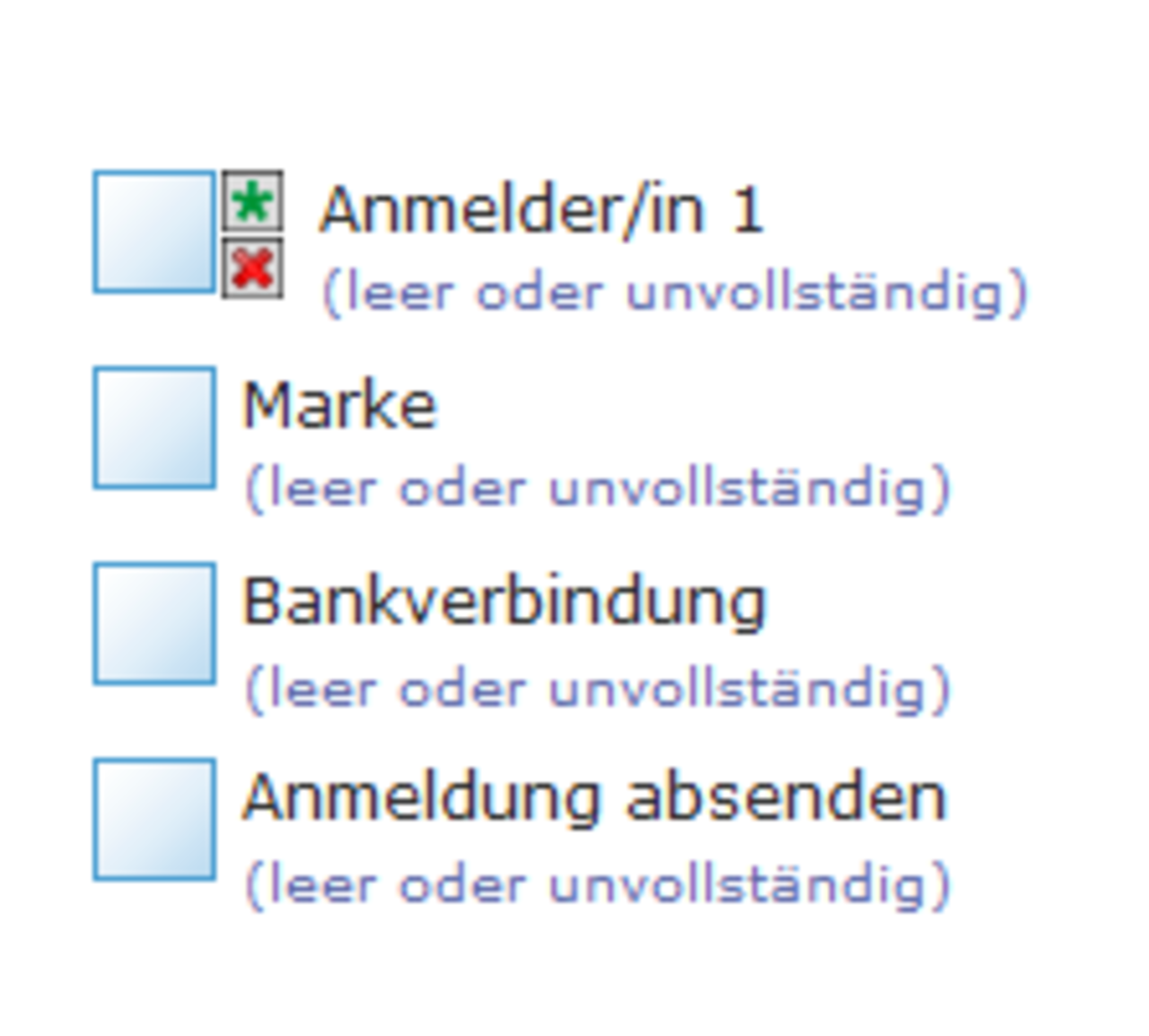 Screenshot zeigt den Formularaufbau im online Anmeldeformular Marke