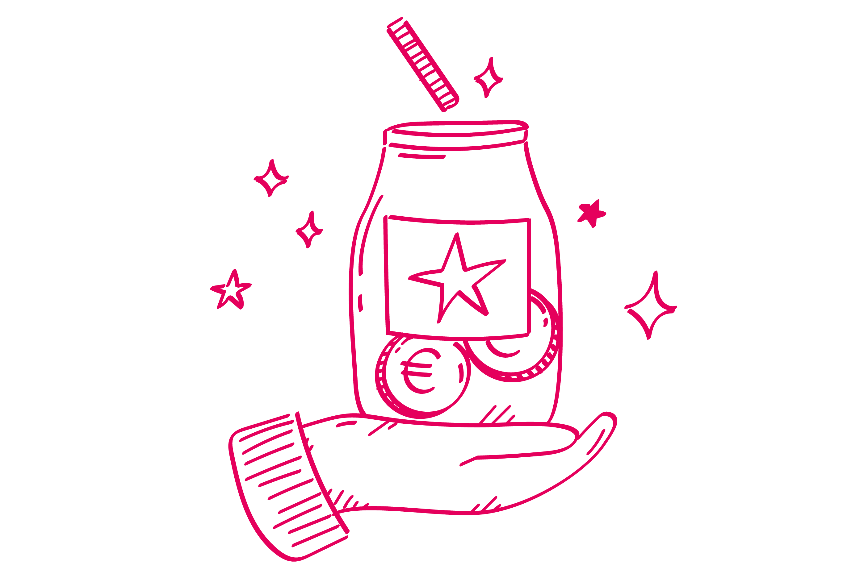 Gezeichnete illustration: eine Hand hält ein offenes Vorratsglas und oben fliegen Euro Münzen hinein. 