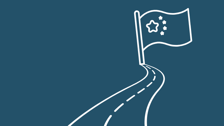Auf blauem Hintergrund ist eine weiße Grafik-Straße zu sehen, die zu einer China-Flagge führt.