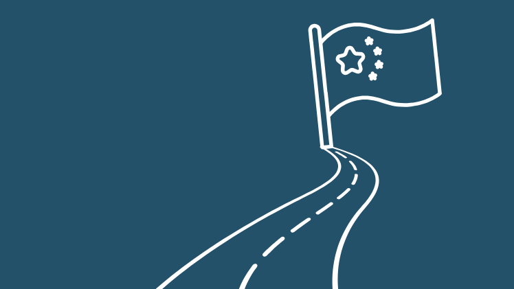 Auf blauem Hintergrund ist eine weiße Grafik-Straße zu sehen, die zu einer China-Flagge führt.