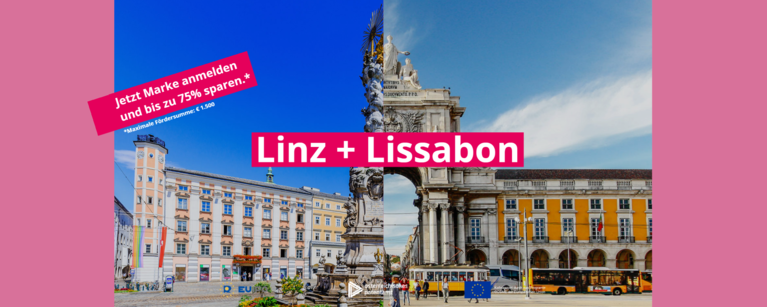 In der Bildmitte verschmelzen die Dreifaltigkeitssäule in Linz und der Triumphbogen in Lissabon zu einem Wahrzeichen. 