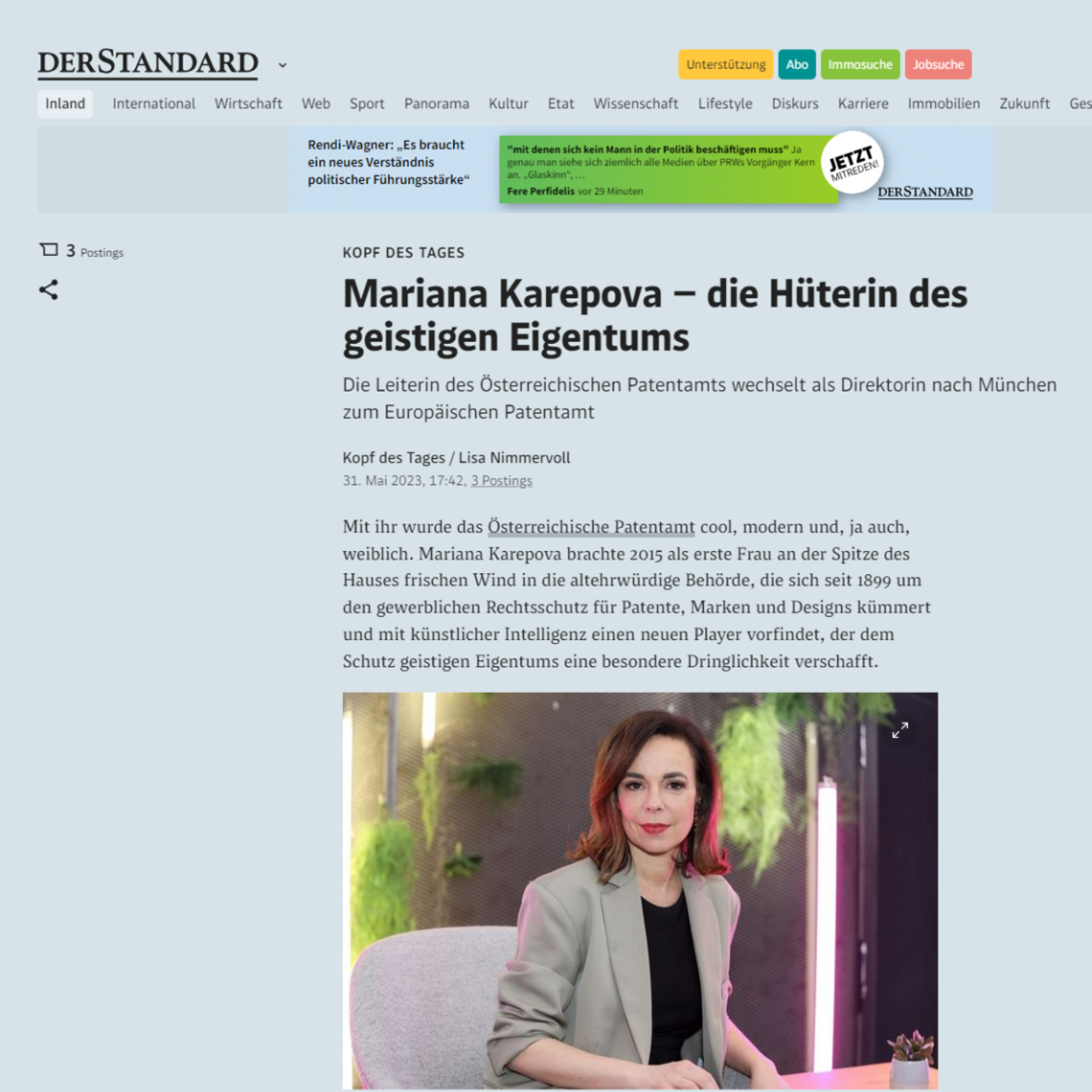 Artikel im Standard: Die Leiterin des Österreichischen Patentamts wechselt als Direktorin nach München zum Europäischen Patentamt