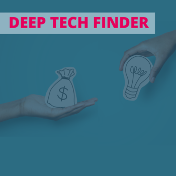 Eine Hand hält ein Geldbeutel-Symbol aus Papier, eine andere Hand hält ein Glühbirnen-Symbol auch aus Papier auf blauem Hintergrund. Darüber steht der Text „Deep Tech Finder“.