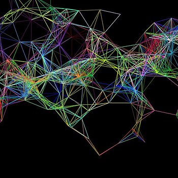 asymmetrisches Gitternetz aus farbigen Linien auf schwarem Hintergrund