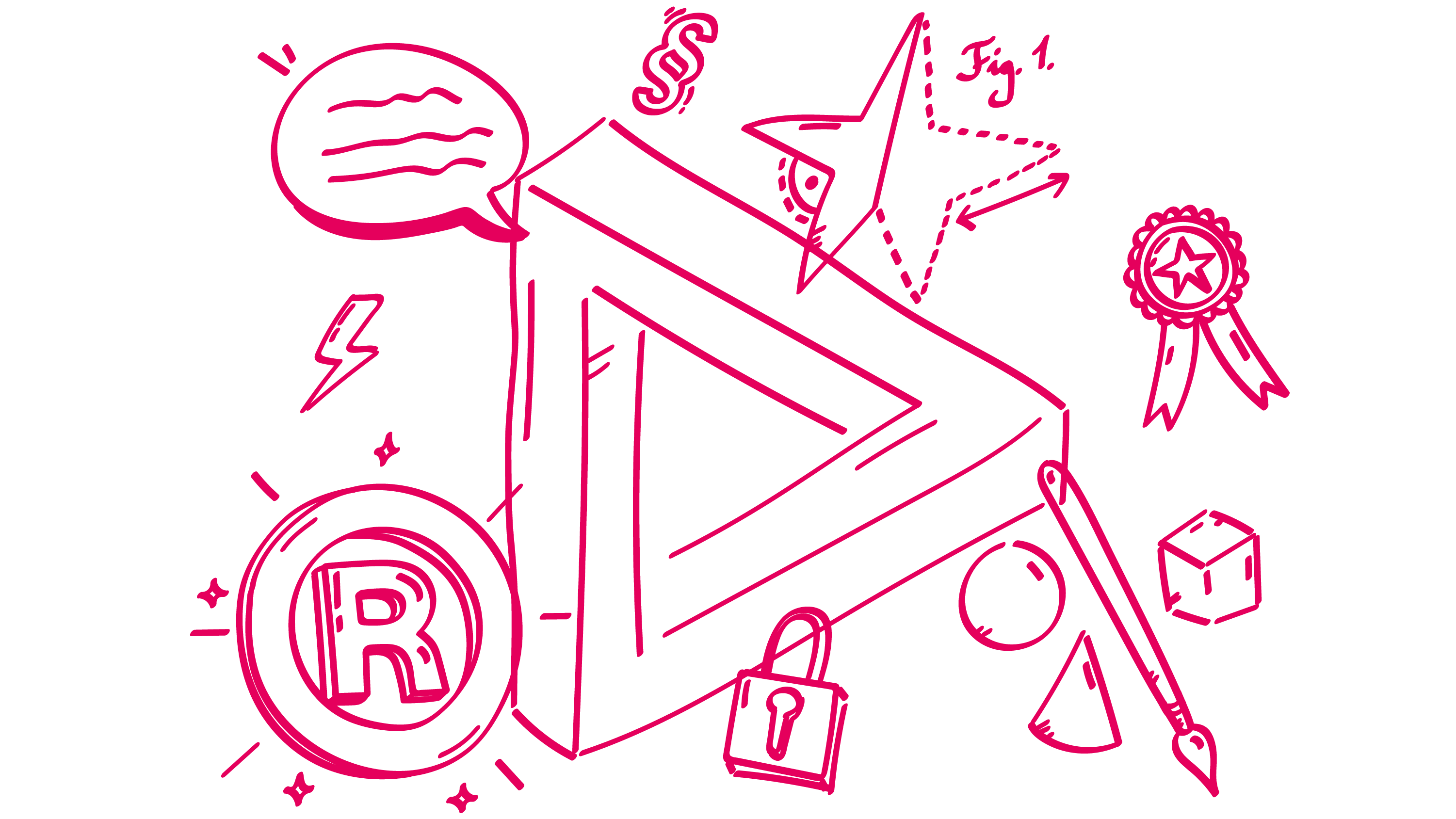 Logo des Österreichischen Patentamts in der Mitte, umgeben von Sprechblase, R in einem Kreis, Pinsel mit Formen, technische Zeichnung eines Sterns, Vorhängeschloss und Zertifikat