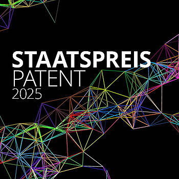 Keyvisual aus bunten Elemten mit der Aufschrift Staatspreis Patent, auf schwarzem Hintergrung.