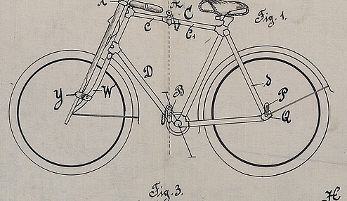 historische technische Zeichnung eines zusammenlegbaren Fahrrads von Puch