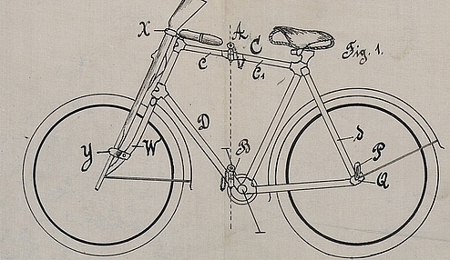historische technische Zeichnung eines zusammenlegbaren Fahrrads von Puch