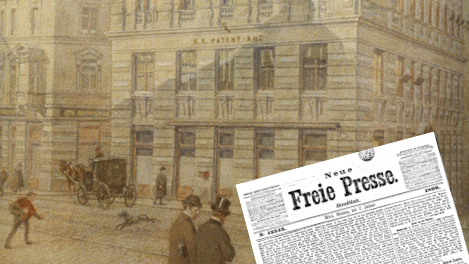 Zeichnung des Gebäudes in der Wiener Siebensterngasse, in dem das Patentamt ab 1899 seinen Sitz hatte.