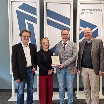 Book presentation on the history of the Patent Office; from left to right: Alexander Pinwinkler and Maria Wirth (book authors), Stefan Harasek (President of the Austrian Patent Office), Rupert Pichler (Federal Ministry for Climate Action, Environment, Energy, Mobility, Innovation and Technology) 