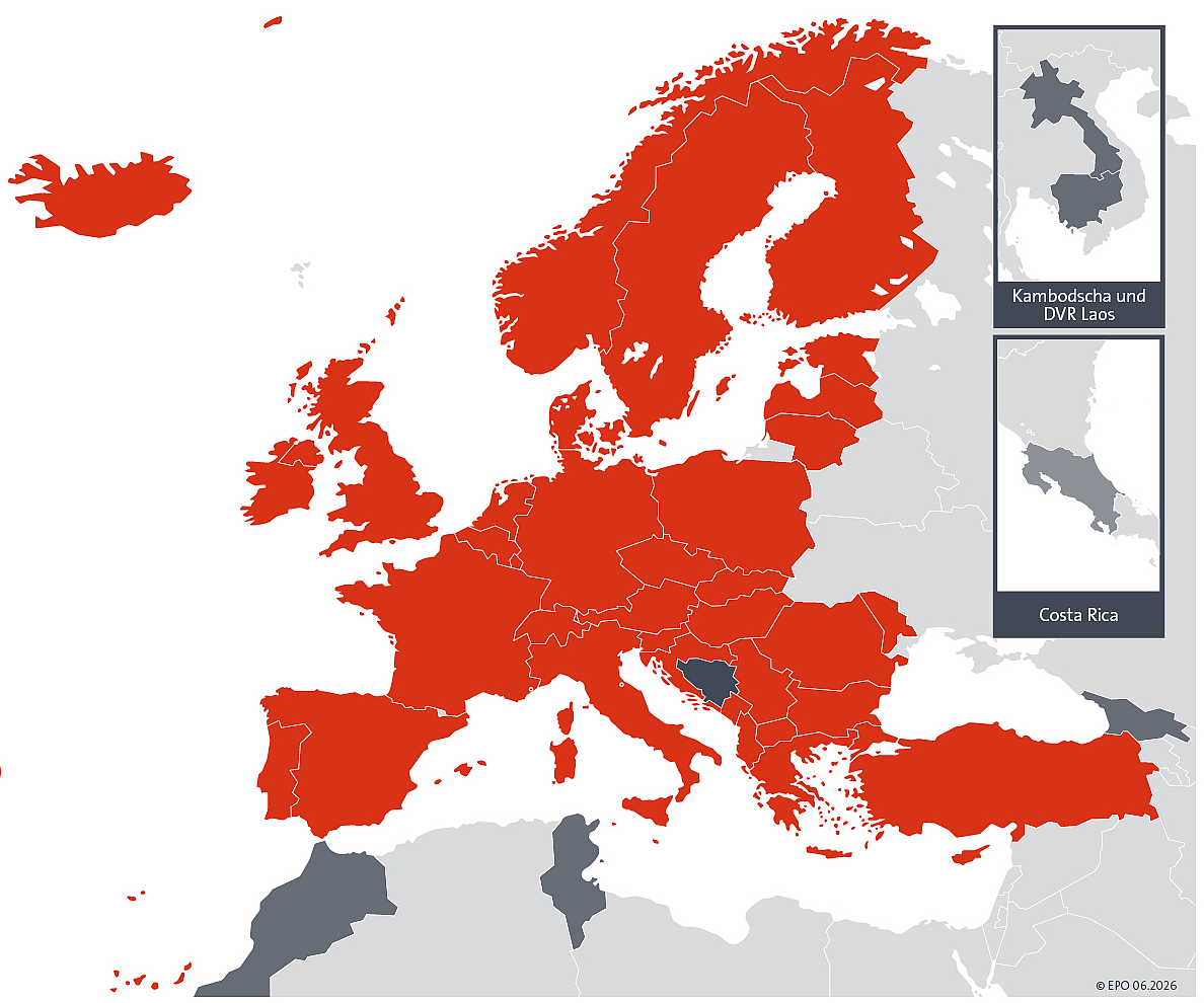 Weltkarte mit dem gekennzeichneten geografischen Geltungsbereich europäischer Patente