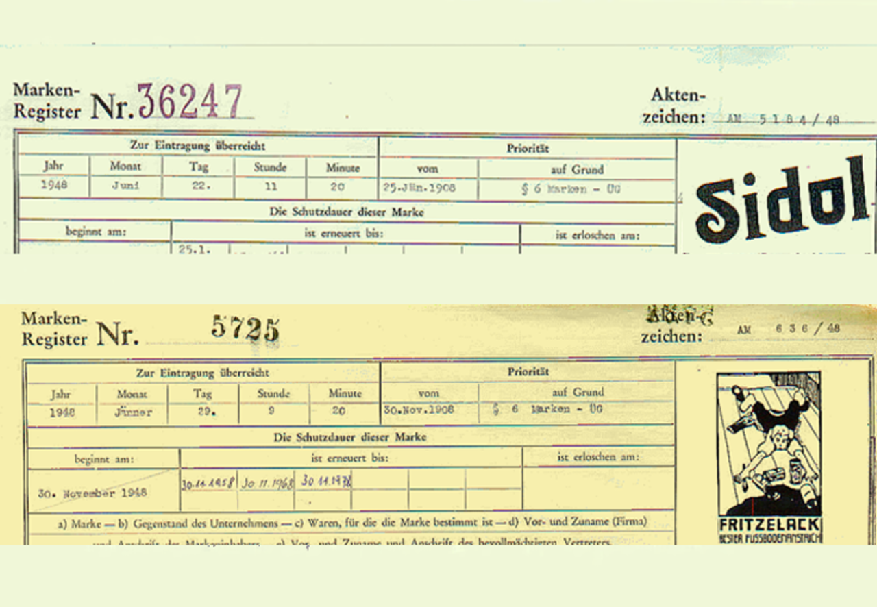 Extract from the trade mark registers "Fritze Lacke" and "Sidol"