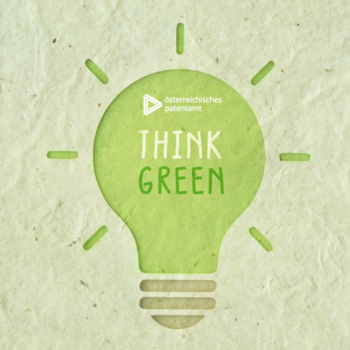 Grüner Leuchtbirnen-Icon mit "THINK GREEN" Text und Logo des Österreichischen Patentamtes.