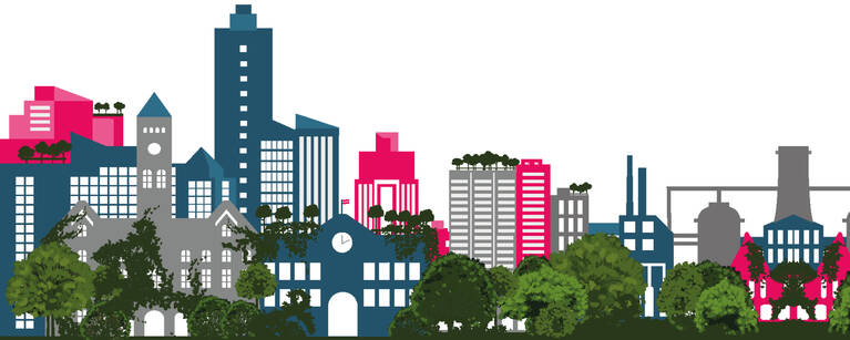 Cover der Publikationsreihe Wissen schafft Perspektiven. Darauf zu sehen eine Skyline mit blauen und pinken Häusern und Wolkenkratzern und einige grüne Bäume dazwischen. 