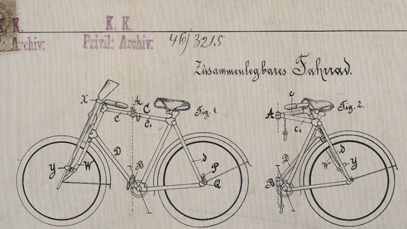 Bild eines Privilegs von 1896, das die schematische Zeichnung eines faltbaren Fahrrads von Johann Puch zeigt.