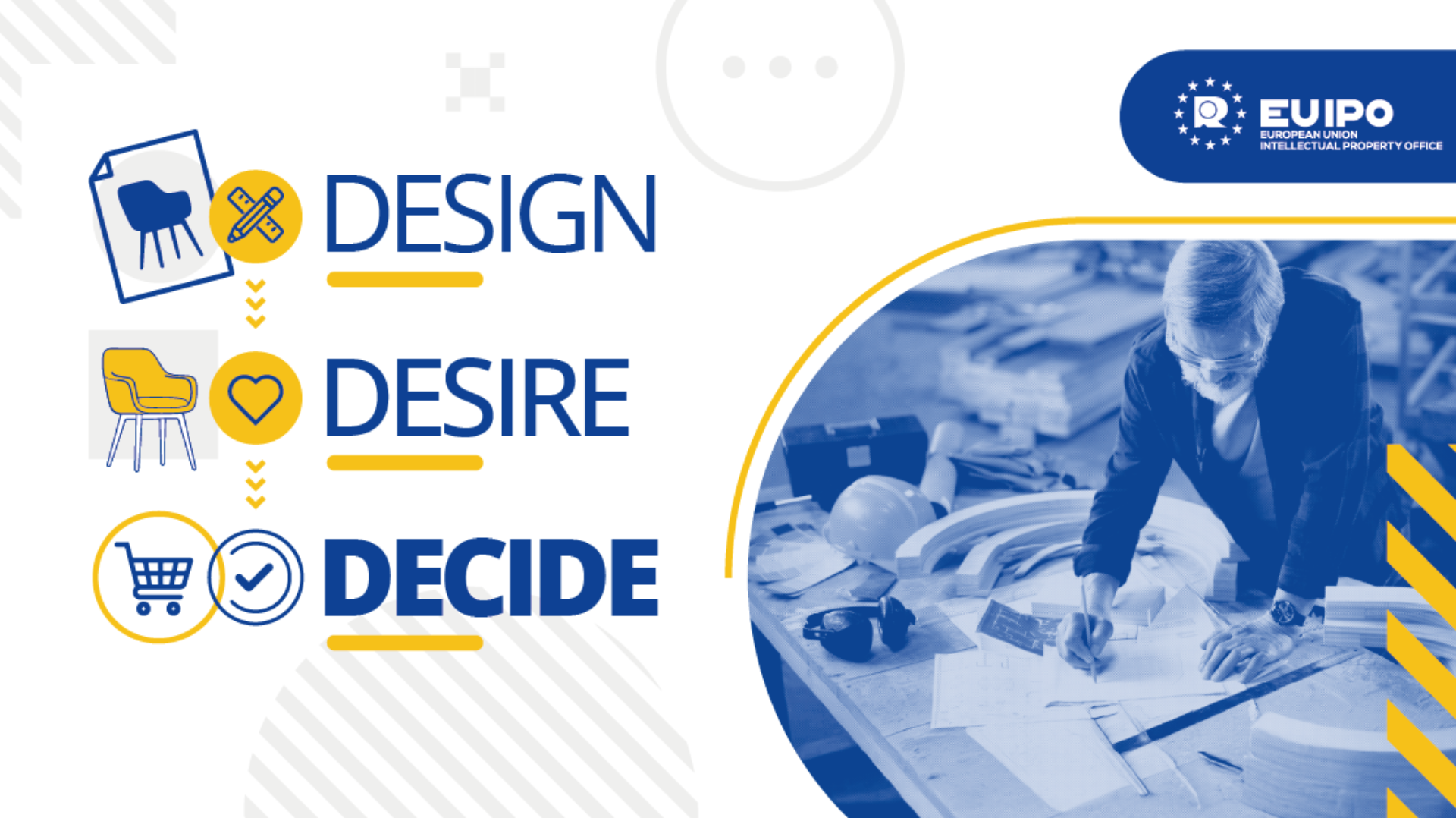 Graphic showing the words 'DESIGN', 'DESIRE', and 'DECIDE' next to icons of a chair, heart, and shopping cart and a photo of a person working at a table with papers