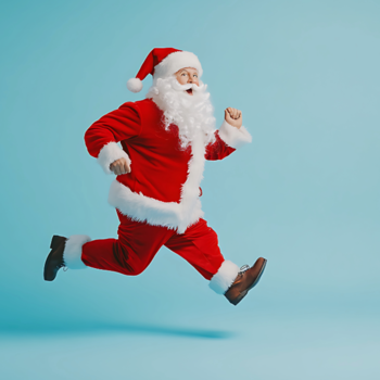 Springender Weihnachtsmann vor hellblauem Hintergrund