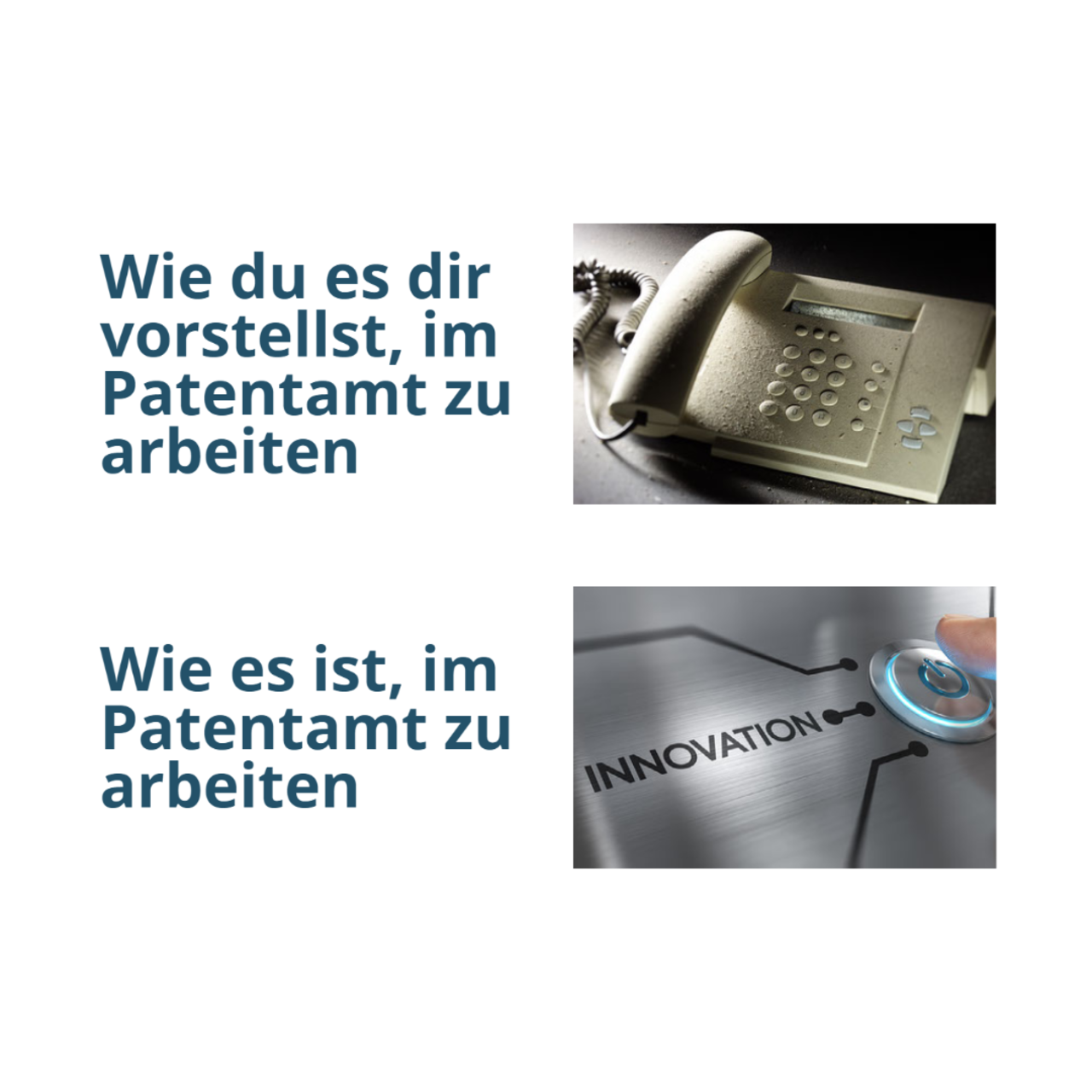 1. Bild: vertaubtes Telefon Wie du es dir vorstellst, im Patentamt zu arbeiten 2. Bild: Knopf mit Innovation: Wie es ist, im Patentamt zu arbeiten