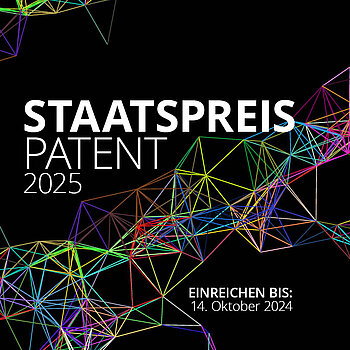 Keyvisual aus bunten Elemten mit der Aufschrift Staatspreis Patent, auf schwarzem Hintergrung.