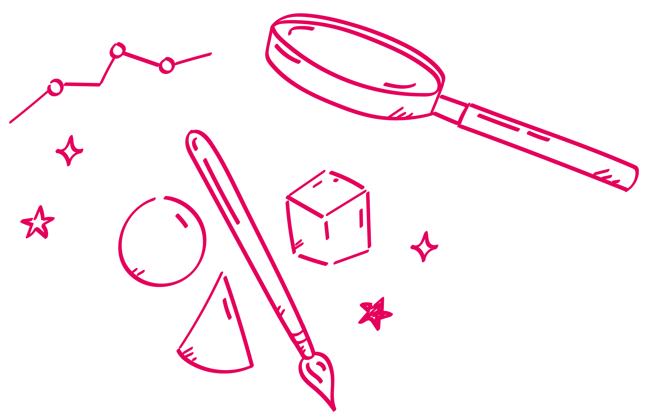 Magnifying glass focused on a paintbrush with a sphere, a cone, and a cube