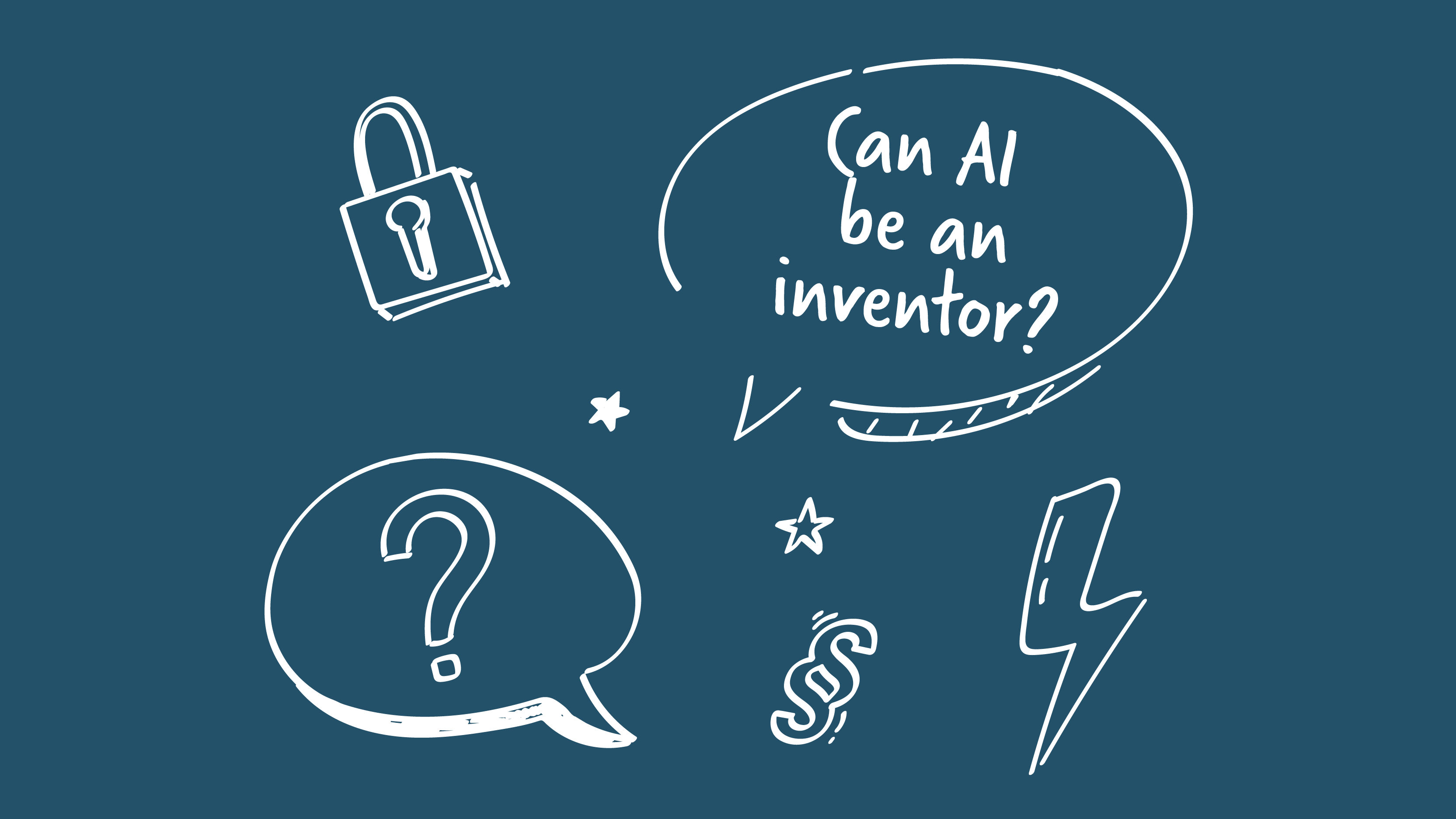 Two speech bubbles, one reading “Can AI invent anything?,” the other with a large question mark. Next to them are a lock, stars, a paragraph symbol, and a lightning bolt.