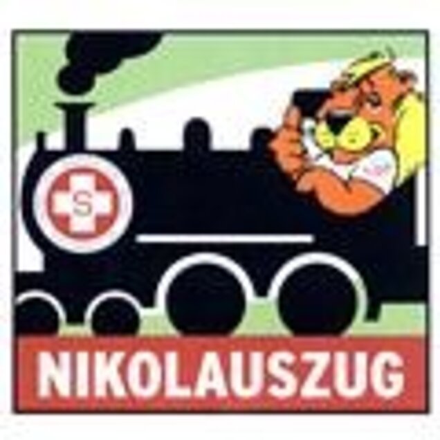 Bild der Marke "Nikolauszug", darauf zu sehen ist ein Löwe in einer schwarzen Dampflokomotive mit der Aufschrift Nikolauszug.