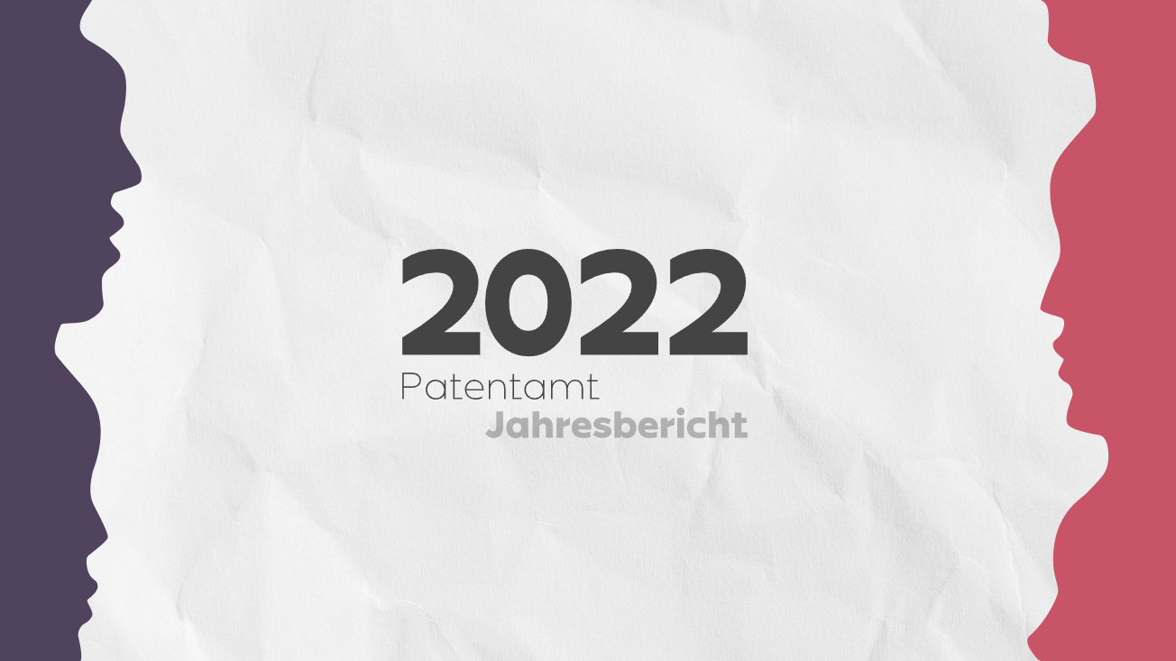 Cover des Jahresberichts 2022, bestehend aus Silhouetten von Gesichtern und dem Schriftzug "2022 Patentamt Jahresbericht"