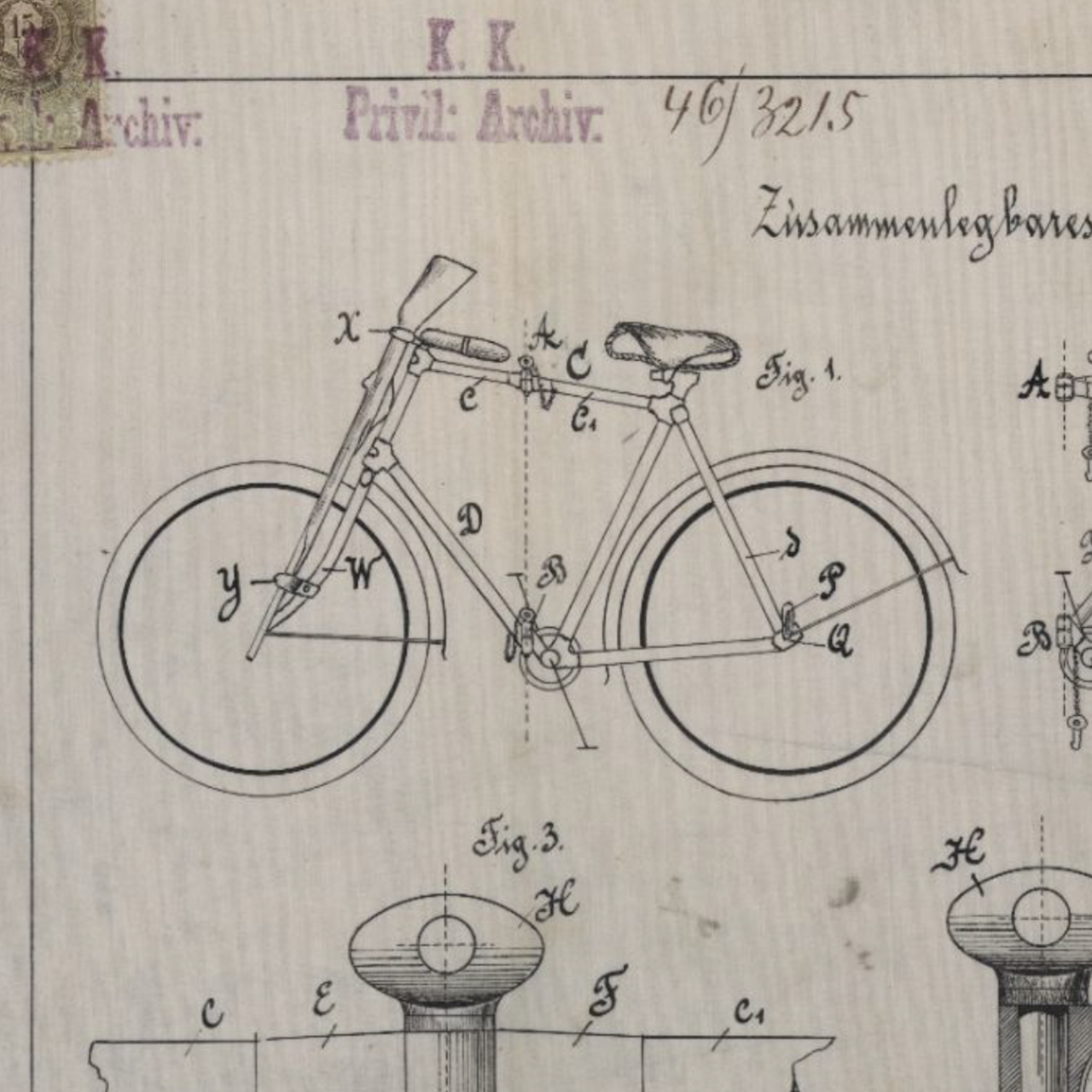 technische Zeichnung eines zusammenlegbaren Fahrrads aus 1896 von Johann Puch, Gründer der Puch-Werke
