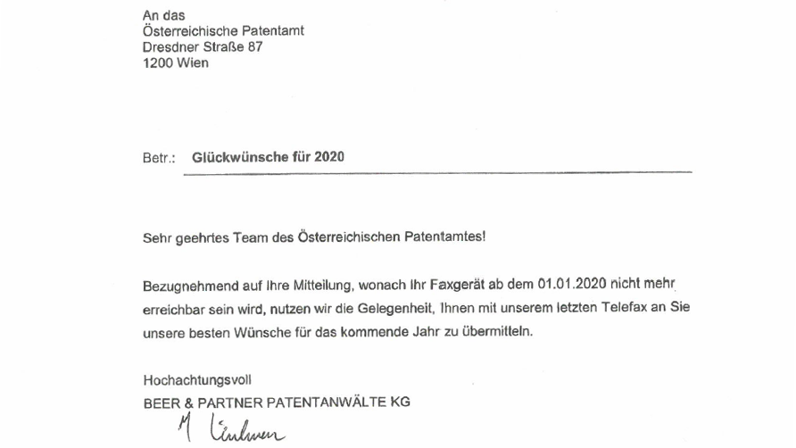 Scan der letzten Fax-Sendung an das Patentamt aus dem Jahr 2019