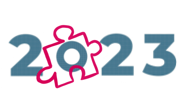 Cover des Jahresberichts 2023 mit der Zeichnung eines roten Puzzleteils