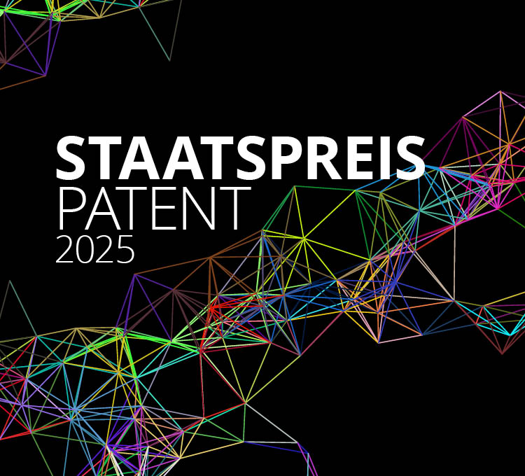Keyvisual aus bunten Elemten mit der Aufschrift Staatspreis Patent, auf schwarzem Hintergrung.