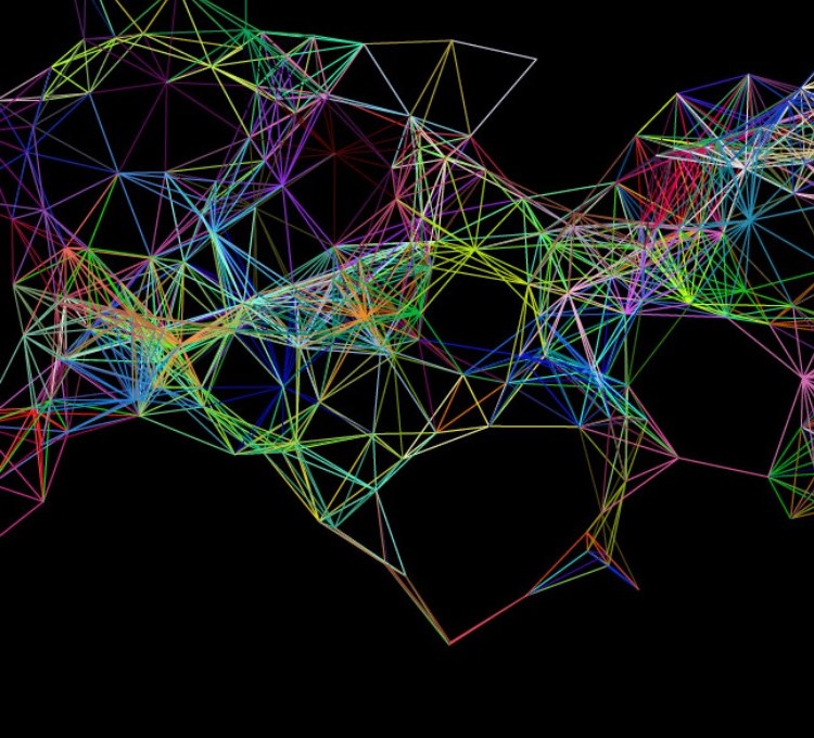 asymmetrisches Gitternetz aus farbigen Linien auf schwarem Hintergrund