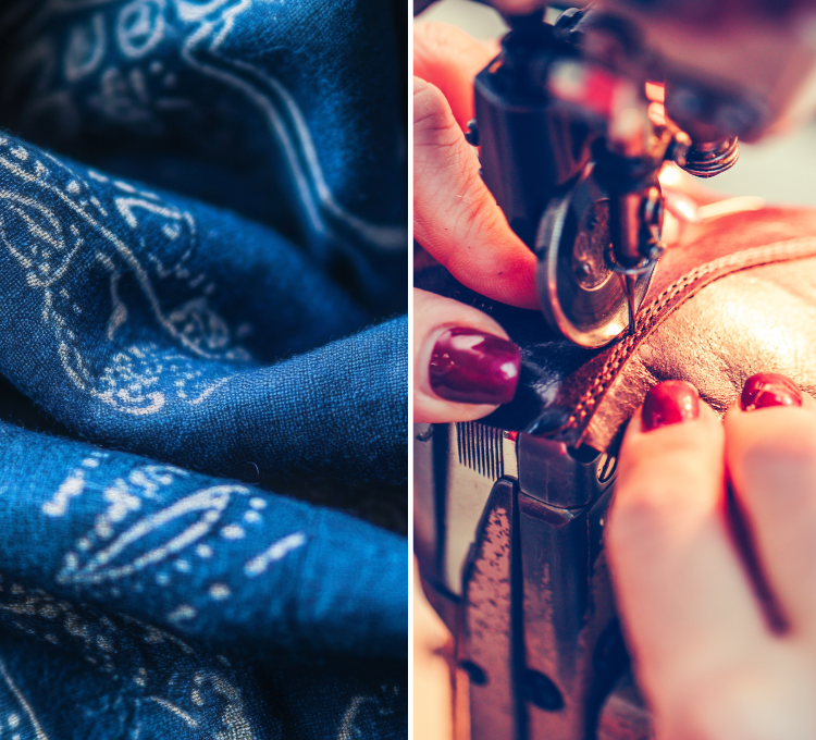 Zweigeteiltes Bild: Links ist ein dunkelblauer Stoff mit weißem Muster in Nahaufnahme zu sehen. Rechts daneben zeigt das Bild die Nahaufnahme von Händen mit dunkelrotem Nagellack, die ein Lederstück mit einer Nähmaschine vernähen.